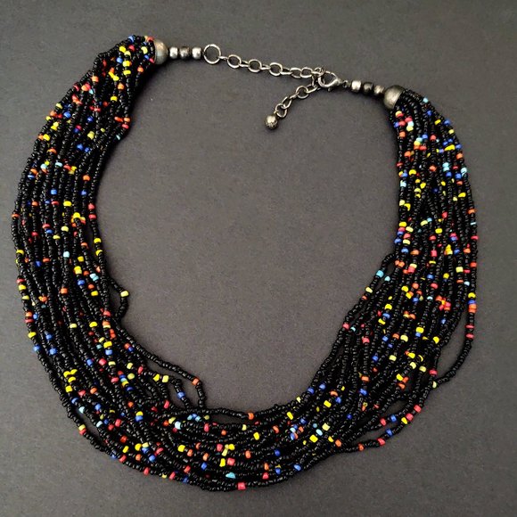Multi strand black seed bead necklace with bright bead accents - Picture 5 of 13
